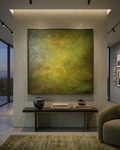 Return to Calm - large framed textured abstract painting in deep green earthy tones with quiet lake center, 48x48 inches, floated in metal frame, by Chicago artist Tarannom