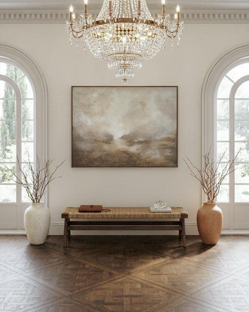 Peace - framed textured abstract painting in soft neutral cream tones, 48x36 inches, floated in metal frame, by Chicago artist Tarannom