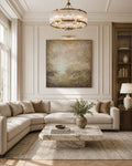 Trust - framed textured abstract painting in soft neutral and earth tones, 36x36 inches, floated in metal frame, by Chicago artist Tarannom