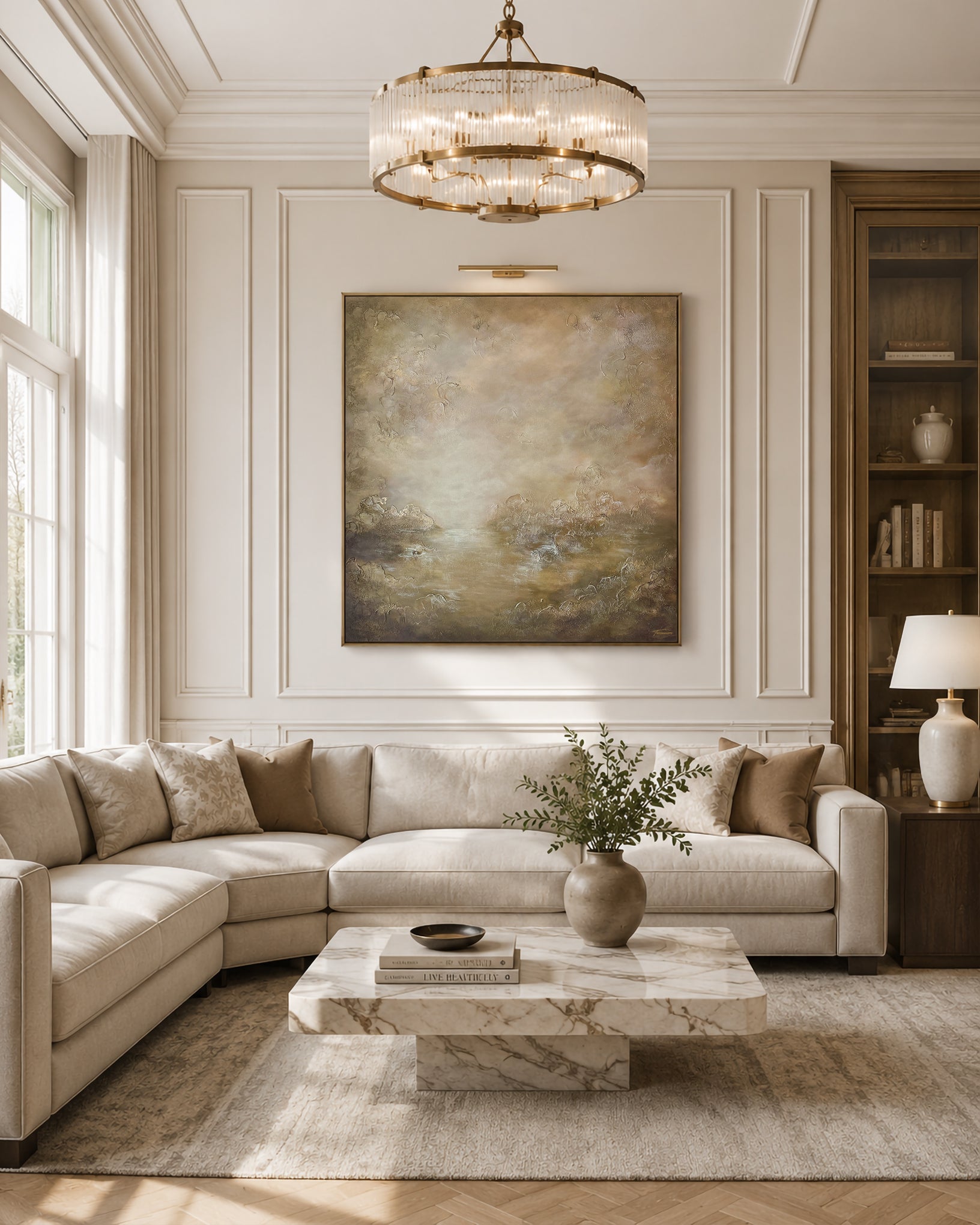 Trust - framed textured abstract painting in soft neutral and earth tones, 36x36 inches, floated in metal frame, by Chicago artist Tarannom